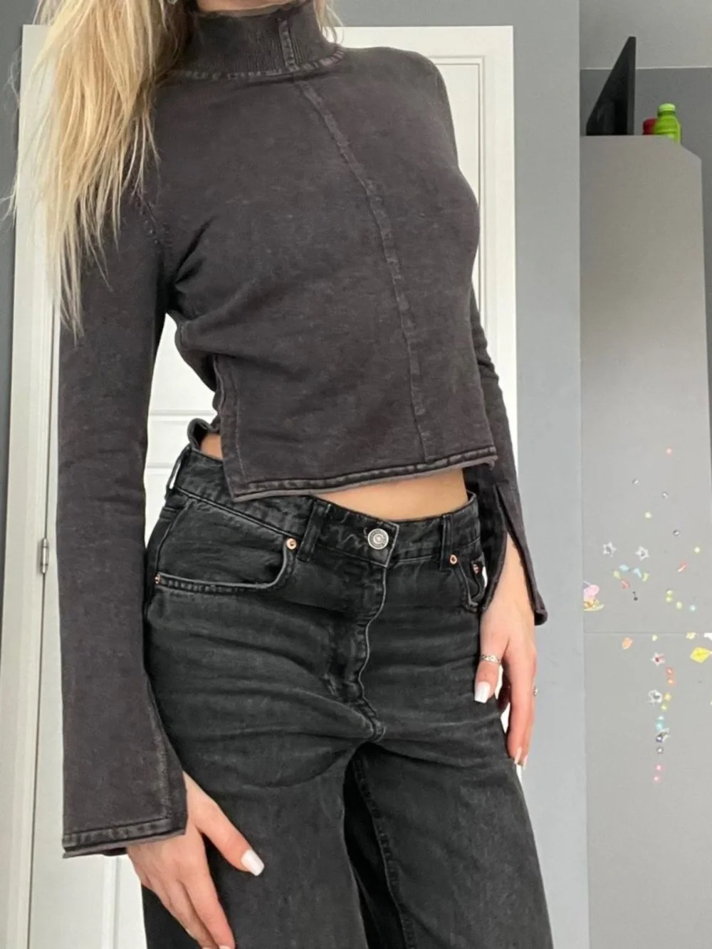 ZARA Ribbed mock Neck Long Sleeve shirt Hook & Eye Closure Gray Size Medium